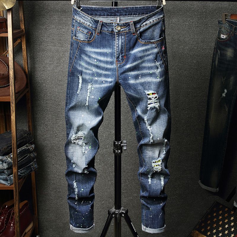 Men's Slim Fit Ripped Jeans Casual Patches European American Style Korean Trendy Skinny Jeans Autumn Versatile_mkmklike.com