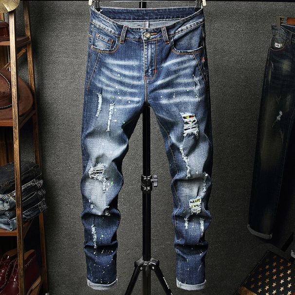 Men's Slim Fit Ripped Jeans Casual Patches European American Style Korean Trendy Skinny Jeans Autumn Versatile_mkmklike.com