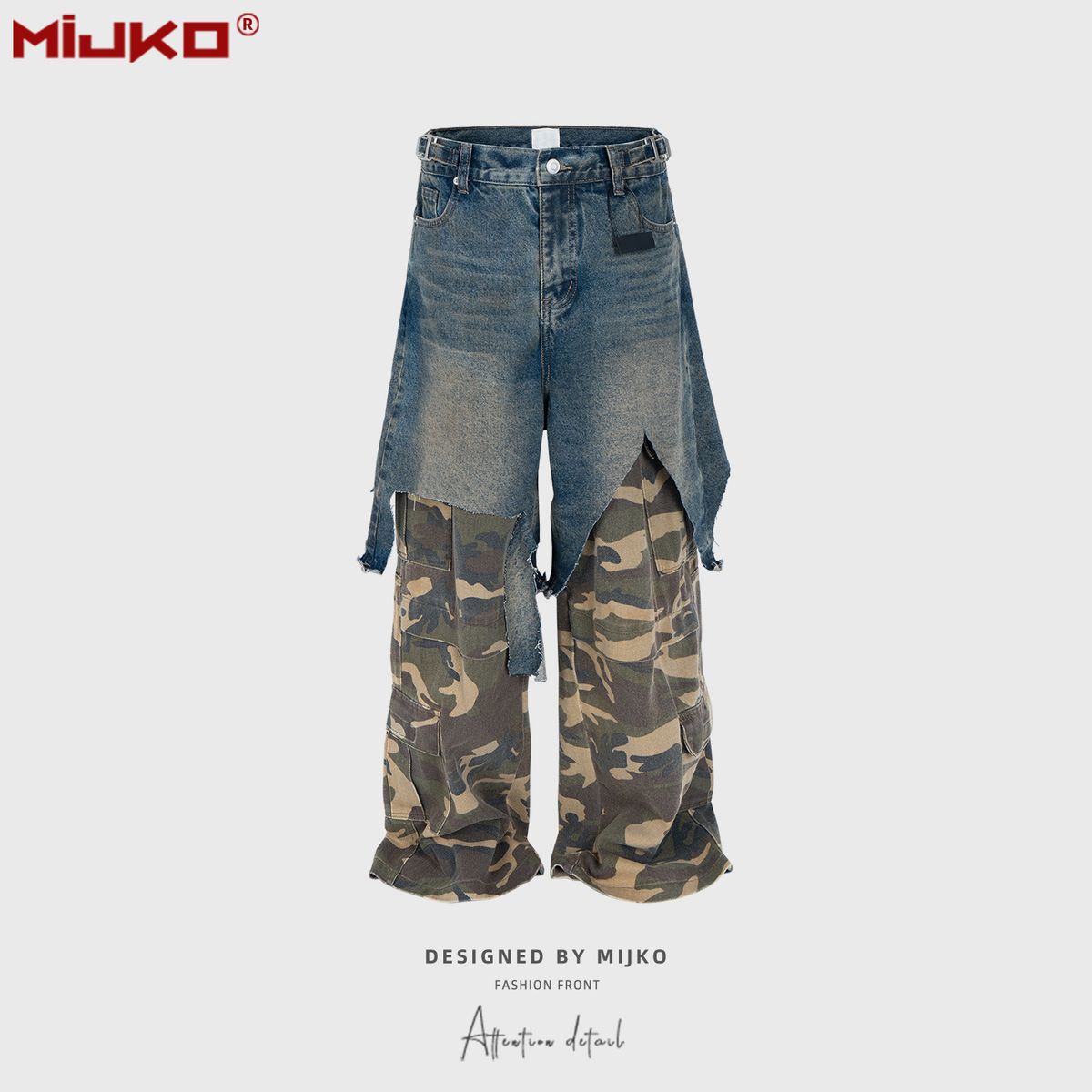 Men's Clothing Stitching Two Piece Camouflage Work Pants, Unisex Straight Leg Multi Pocket Color Blocked Jeans_mkmklike.com