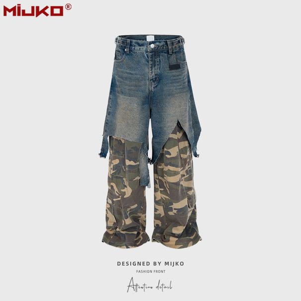 Men's Clothing Stitching Two Piece Camouflage Work Pants, Unisex Straight Leg Multi Pocket Color Blocked Jeans_mkmklike.com