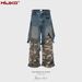 Men's Clothing Stitching Two Piece Camouflage Work Pants, Unisex Straight Leg Multi Pocket Color Blocked Jeans_mkmklike.com