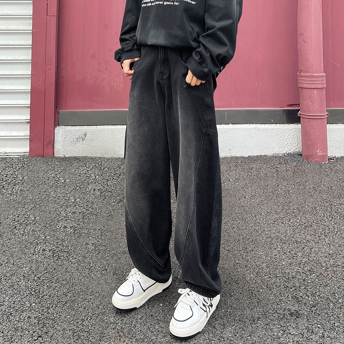 High Street Six Pocket Curved Knife Nostalgic Patchwork Jeans Men's Straight Leg Loose Pants Semi Elastic Button Style_mkmklike.com