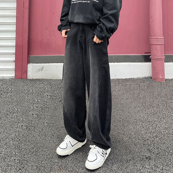 High Street Six Pocket Curved Knife Nostalgic Patchwork Jeans Men's Straight Leg Loose Pants Semi Elastic Button Style_mkmklike.com