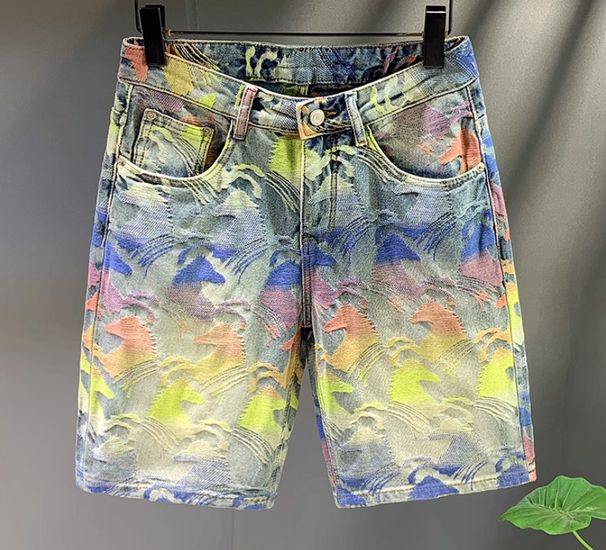 Men's Clothing Retro Distressed Patchwork Elastic Slim Fit Denim Shorts Men's Trendy Brand Embroidery Loose Straight Shorts_mkmklike.com