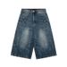 Unisex Vintage Washed Denim Shorts With Lightning Bolt Design American High Street Style Loose Fit Straight Leg Summer Shorts_mkmklike.com
