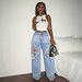 High Waisted Ripped Wide Leg Jeans Style Light Blue Washed Distressed Floor Length Trousers For Women_mkmklike.com