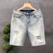 Men's Light Colored Ripped Jeans Loose Fitting Printed Casual Five Point Pants Thin Trendy Versatile Summer_mkmklike.com