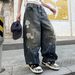 Men's Clothing Trendy Loose Fitting Straight Leg Blue Washed Denim Jeans Curved Edges For Formal & Casual_mkmklike.com