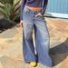Women's Clothing High Waisted Jeans, Street Style, Solid Color, Washed Blue, With Pockets, Loose Fit, Wide Leg Pants._mkmklike.com