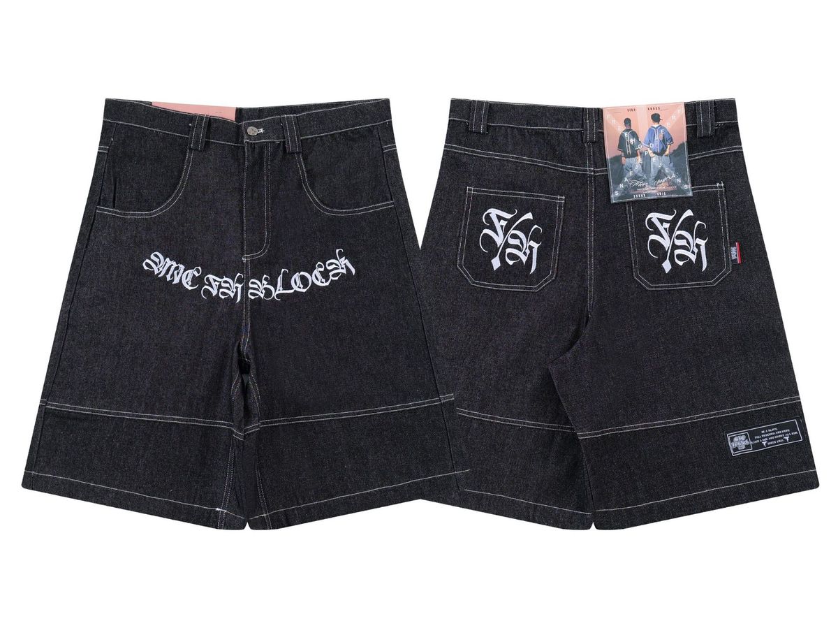 Men's Clothing US Version Of Heavyweight Raw Denim Made Of Lightly Washed Knee Length Pants Chicano Style Embroidered Floral Denim Shorts_mkmklike.com