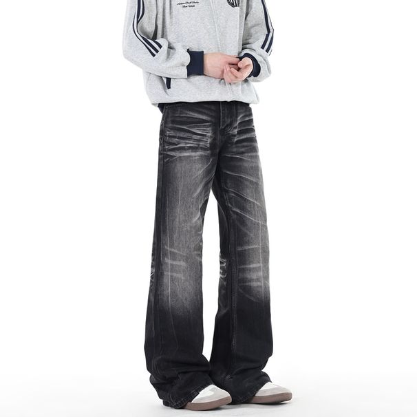 Men's Lightning Bolt Jeans – Distressed Denim Pants With Vintage Wash, Straight To Slight Flare Fit, Retro High Street Fashion Trousers_mkmklike.com