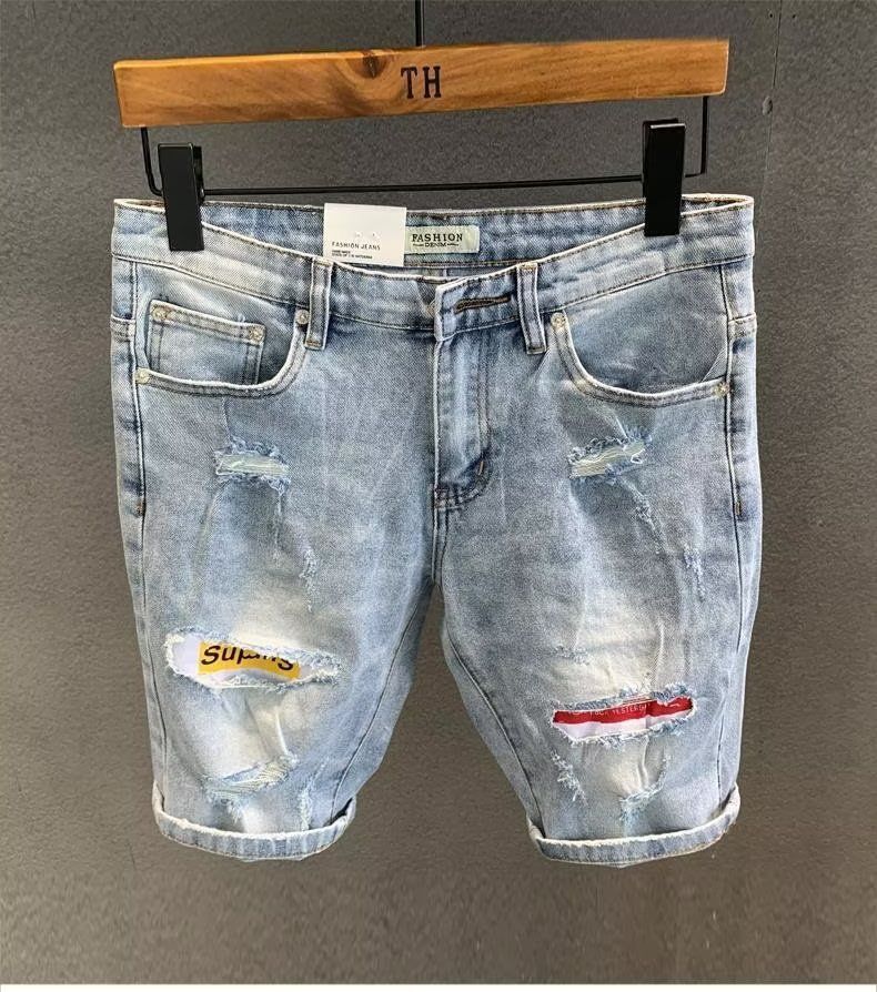Men's Clothing Ripped Denim Shorts Versatile Summer Embroidered Student Mid Length Pants_mkmklike.com