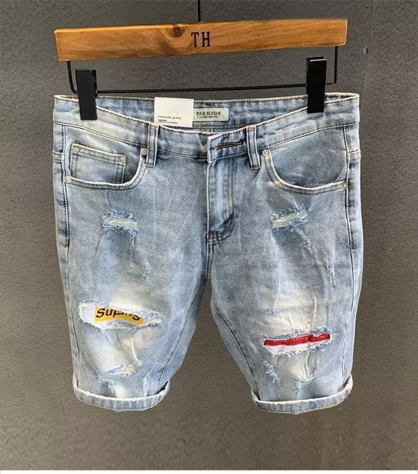 Men's Clothing Ripped Denim Shorts Versatile Summer Embroidered Student Mid Length Pants_mkmklike.com