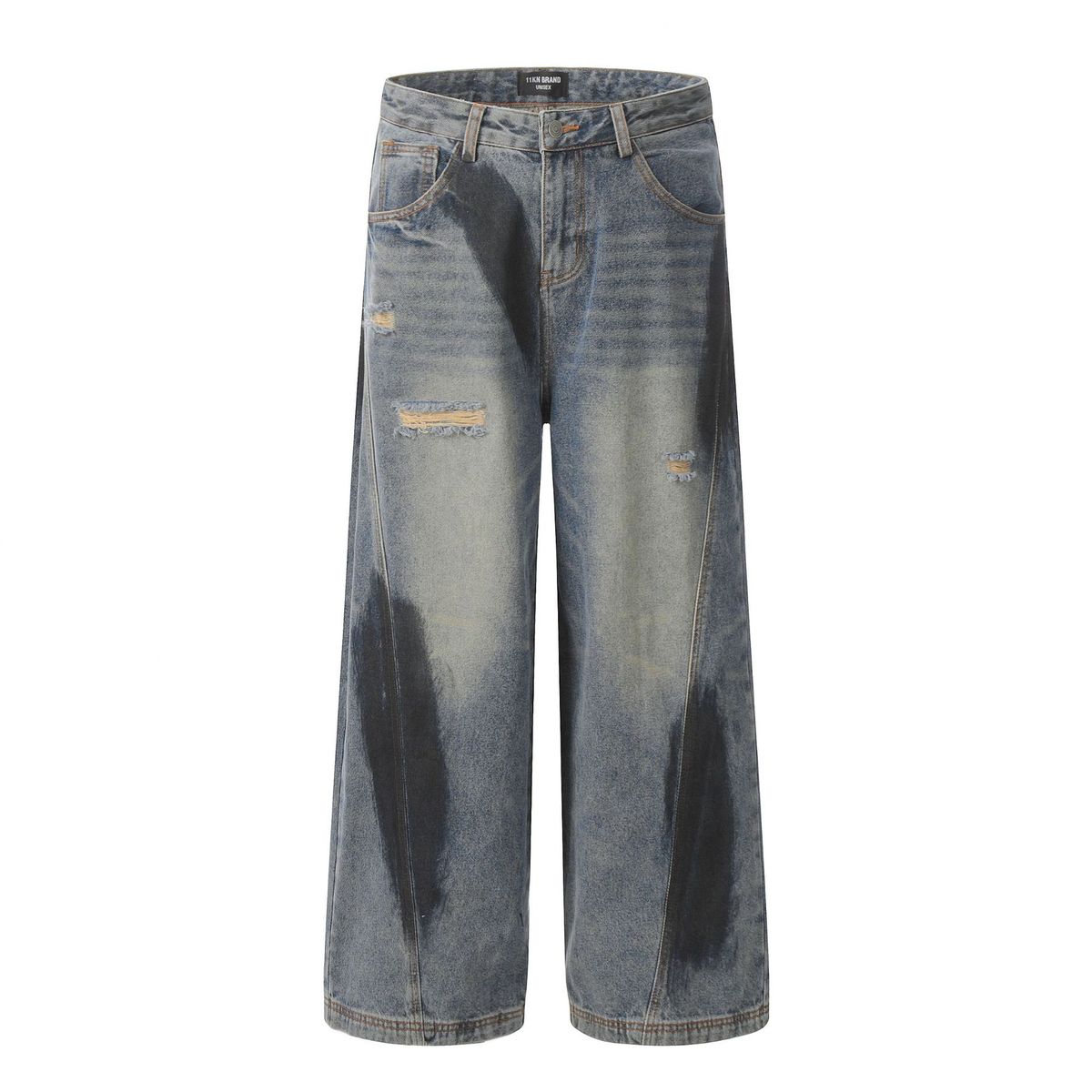 Men's Clothing High Street Graffiti Jeans Ripped Design Loose Wide Leg Lantern Trousers_mkmklike.com