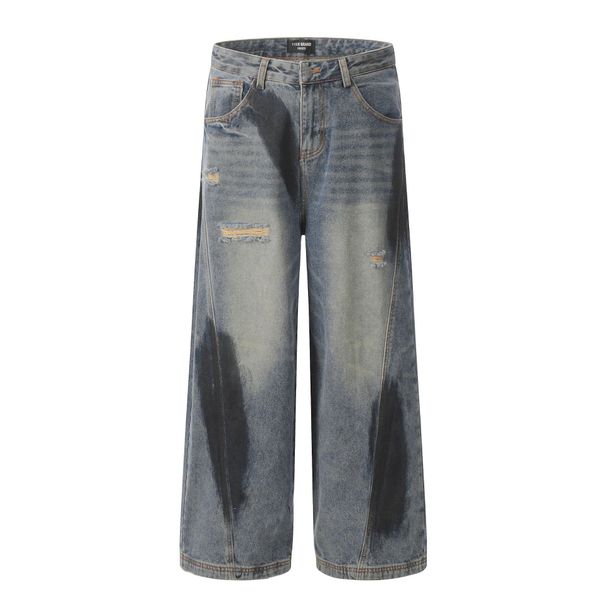 Men's Clothing High Street Graffiti Jeans Ripped Design Loose Wide Leg Lantern Trousers_mkmklike.com
