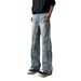 Men's High Street Lightning Bolt Jeans – Distressed Wide-Leg Denim Pants With Asymmetric Zipper_mkmklike.com