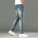 Men's Slim Fit Casual Jeans Unique Back Pocket Design Solid Color Blue Denim Midweight Versatile Mid Waist With Slight Stretch_mkmklike.com