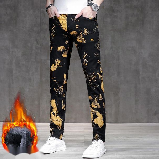 Trendy Brand Gold Print Jeans Men, Personalized Slim Fit Skinny Pants, Street Style Youth Casual Stretch Fleece-Lined_mkmklike.com