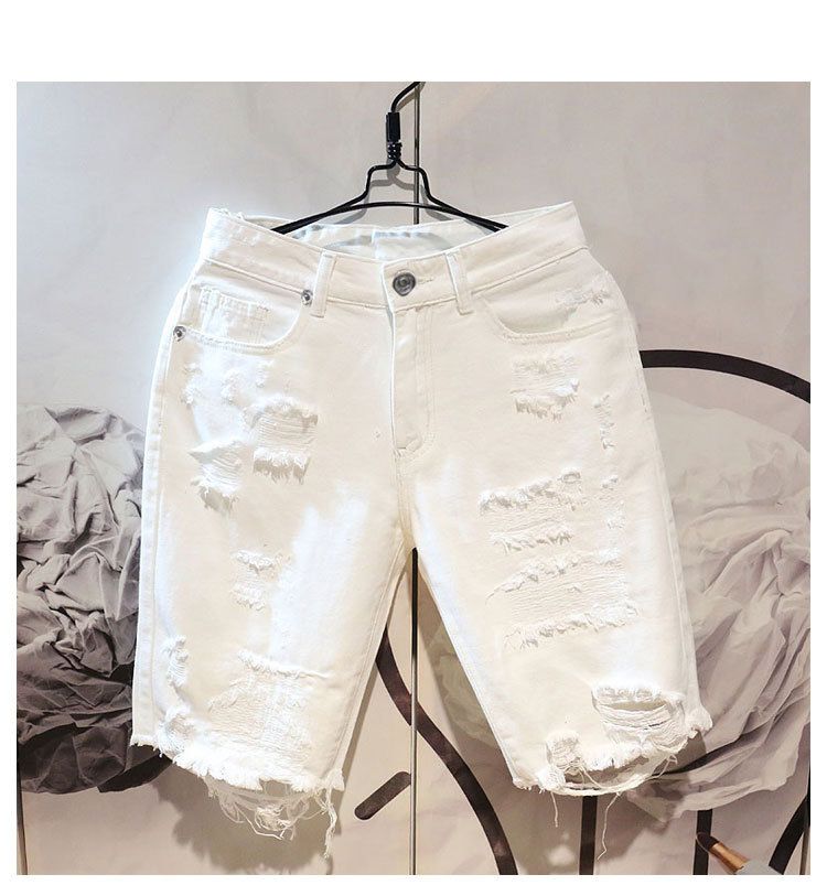 Summer Men's Distressed Denim Shorts | Relaxed Fit 5-Inch Inseam Cargo Pocket Streetwear (White Washed & Pre-Frayed)_mkmklike.com