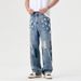 Spring And Summer Trend Street Retro Graffiti Contrasting Color Straight Jeans Men's Loose American High Street Wide-leg Floor-mopping Trousers_mkmklike.com