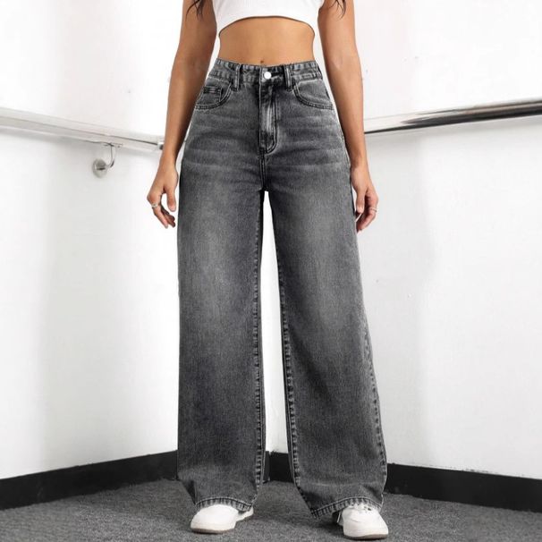 Women's Wide Leg Loose Denim Trousers Washed Effect Fashion Spring Autumn Solid Color Polyester_mkmklike.com