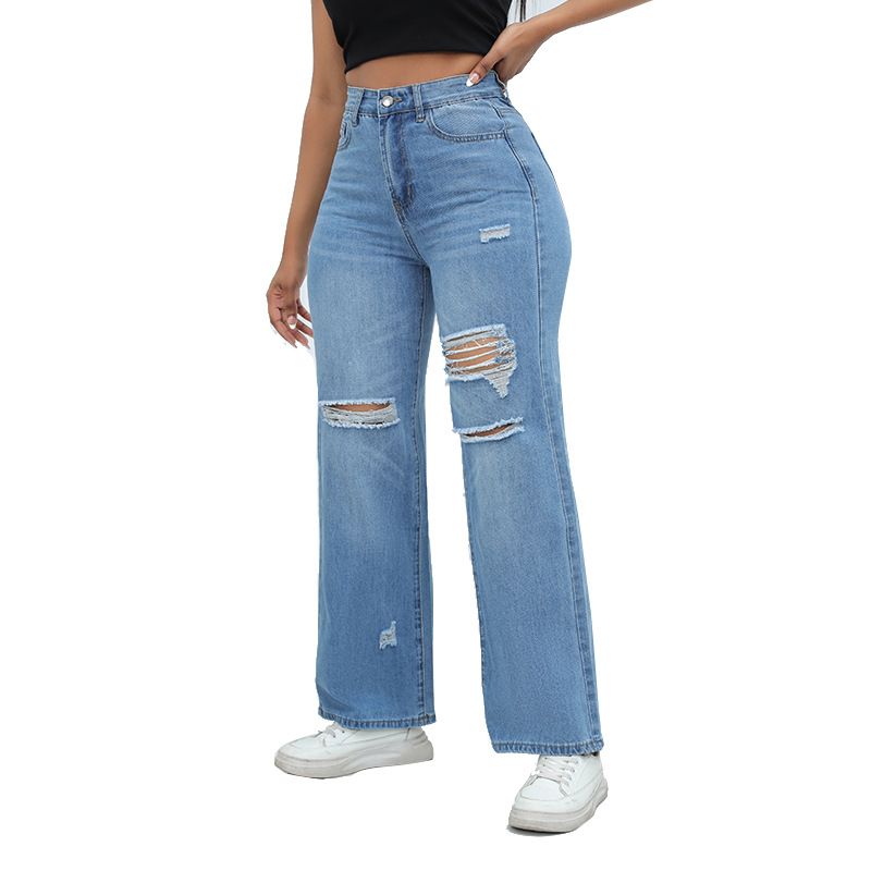 Women's Clothing High Quality Temperament Ripped Wide Leg Pants Jeans_mkmklike.com