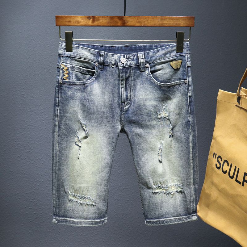 Summer Thin Distressed Denim Shorts For Men Trendy Loose Fit Mid-Length Five Point Korean Style_mkmklike.com