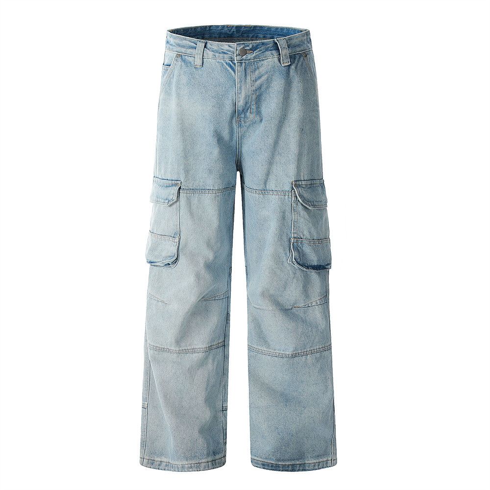 Punk Washed Workwear Jeans For Men, Vibe Trendy Multi-Pocket Design, Deconstructed Patchwork, Distressed Straight-Leg_mkmklike.com