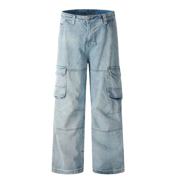 Punk Washed Workwear Jeans For Men, Vibe Trendy Multi-Pocket Design, Deconstructed Patchwork, Distressed Straight-Leg_mkmklike.com