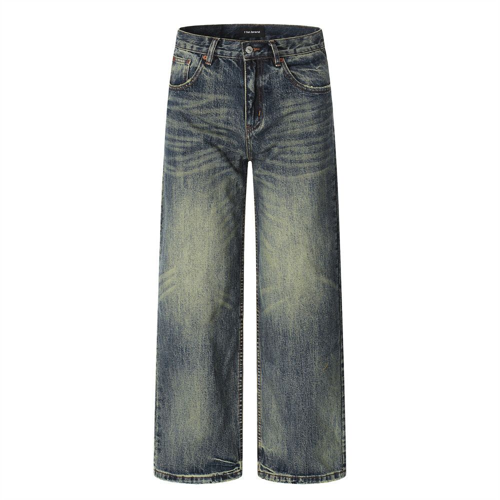 Washed Distressed White Denim Straight-Leg Punk Loose Wide-Leg Frayed Vintage Casual Pants Men's Trend_mkmklike.com