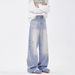 Men's & Women's Distressed Light Blue Washed Straight Leg Jeans With Cat Whiskers - High Street Vintage Vibe Stretch-Free Cotton Denim Pants_mkmklike.com