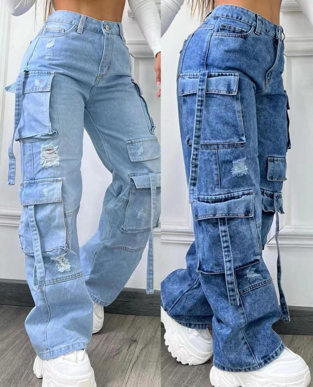 Women's Clothing New Fashion Solid Color All Match Large Size High Waist Multi Pocket Casual Workwear Denim Trousers For Women_mkmklike.com