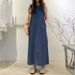 Women's Sleeveless Denim Long Dress Fashionable Round Neck Sleeveless Pocket Denim Skirt Loose Vest Denim Long Dress_mkmklike.com