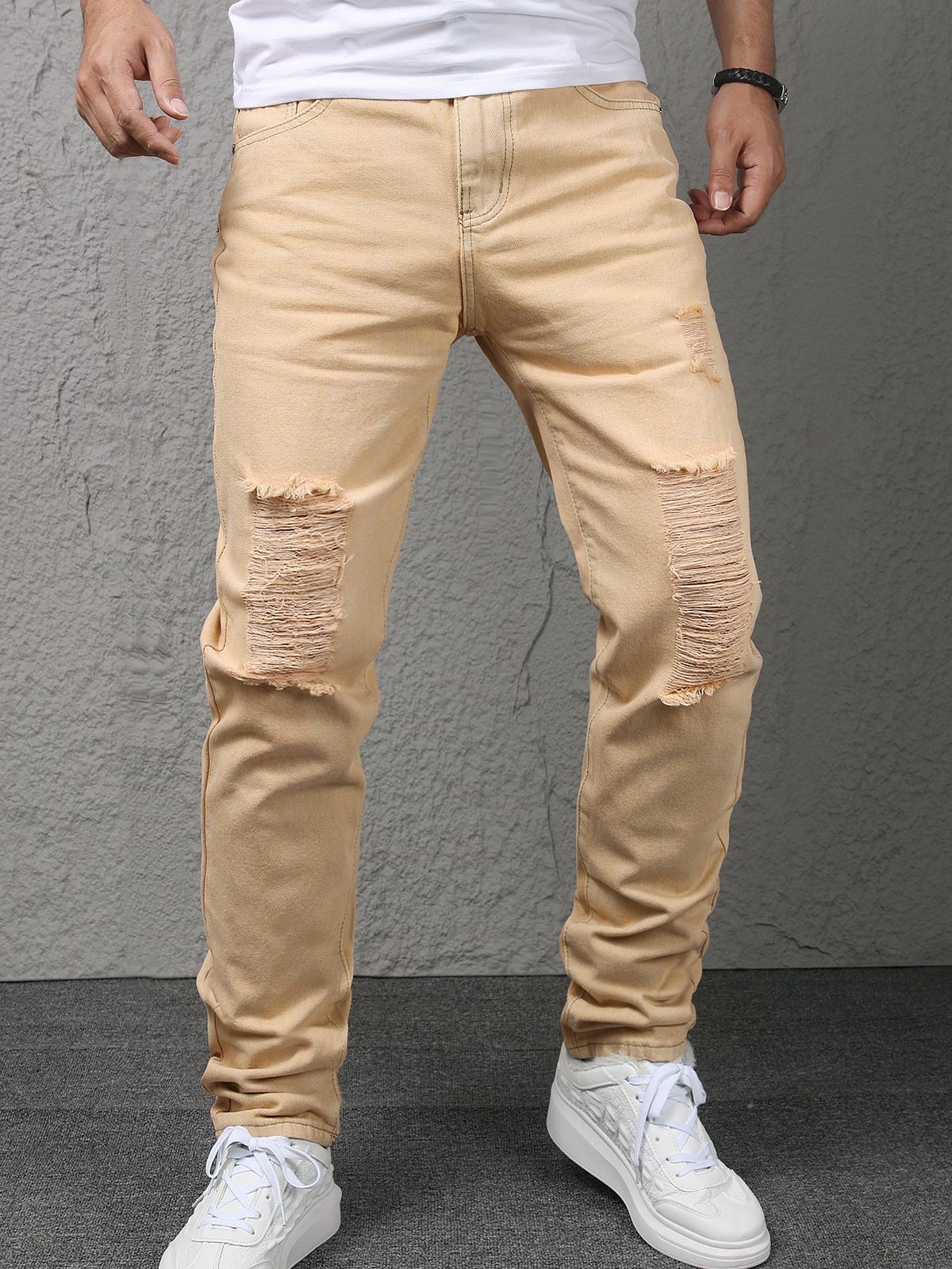 Distressed High Street Skinny Jeans For Women - Slim Fit Stretch-Free Denim Pants With Ripped Details_mkmklike.com