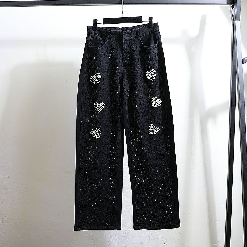 Women's Loose Straight Leg Denim Pants Trendy Brand Black Washed Wide Leg Rhinestone Heart Detail Autumn Fashion_mkmklike.com