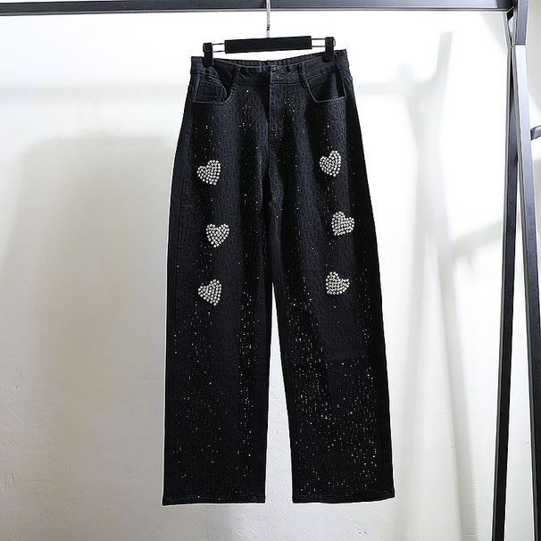 Women's Loose Straight Leg Denim Pants Trendy Brand Black Washed Wide Leg Rhinestone Heart Detail Autumn Fashion_mkmklike.com