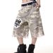 "Men's Camo Patchwork Distressed Denim Shorts – Vintage Streetwear Style (Relaxed Fit, Frayed Hem, 7/10 Length)"_mkmklike.com
