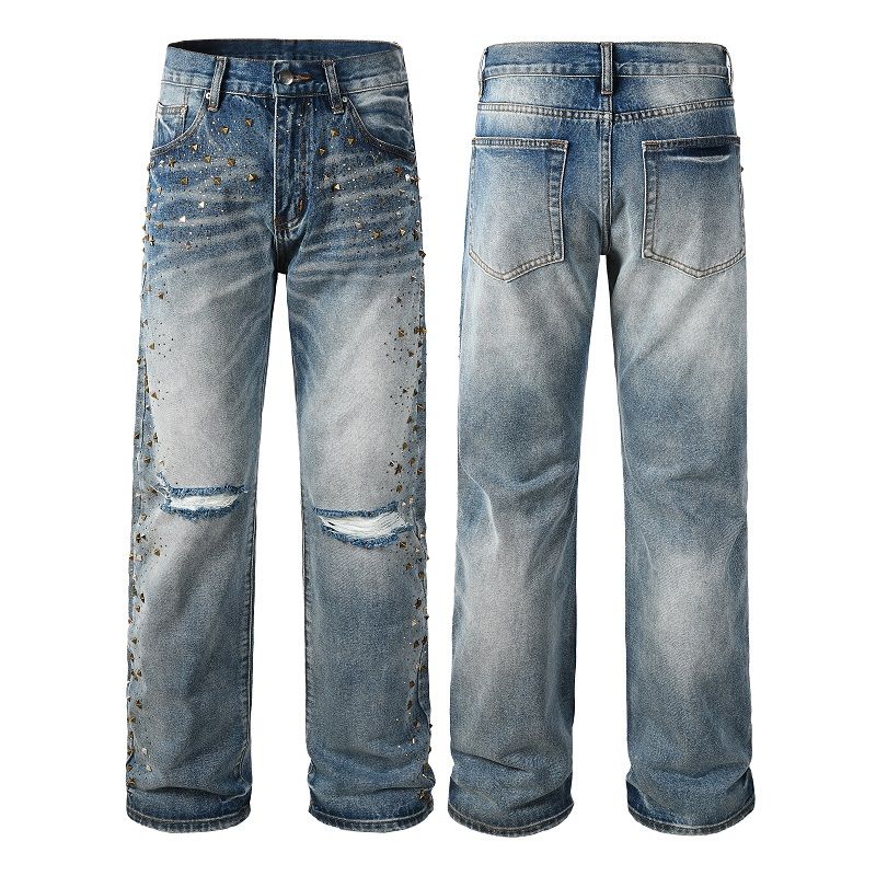 High Waist Custom Destroyed Classical Mens DenimJeans Hip-Hop Rhinestone Ripped Straight Denim Jeans Men_mkmklike.com