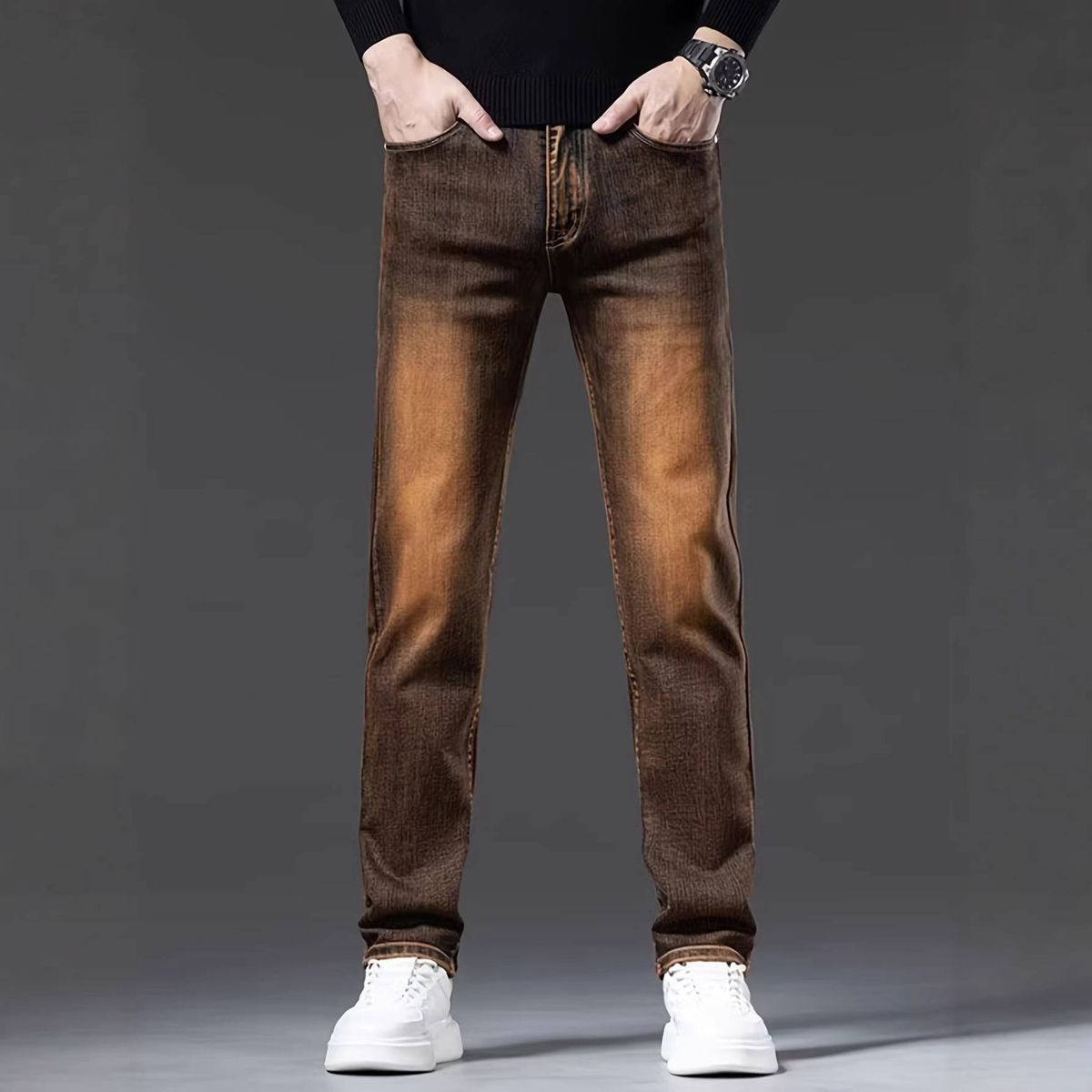 Men's Dark Brown Stretchy Denim Trousers Comfortable Fit Midweight Simple Jeans Multi-Pocket Pants_mkmklike.com