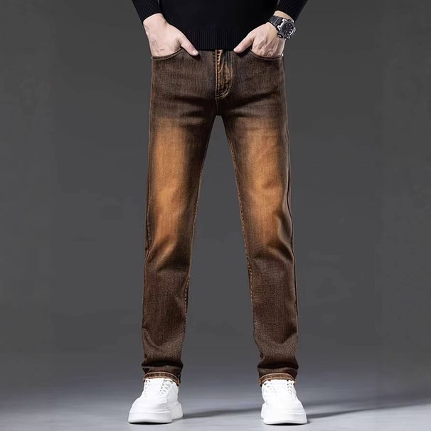 Men's Dark Brown Stretchy Denim Trousers Comfortable Fit Midweight Simple Jeans Multi-Pocket Pants_mkmklike.com