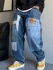 Men's Heavyweight Denim Jeans With Edgy Patches, Relaxed Straight Leg Fit For Casual Street Style_mkmklike.com