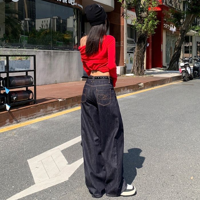Autumn Bestseller: Denim-colored American Retro Washed Loose Straight-Leg Jeans For Women With Embroidery And Draped_mkmklike.com