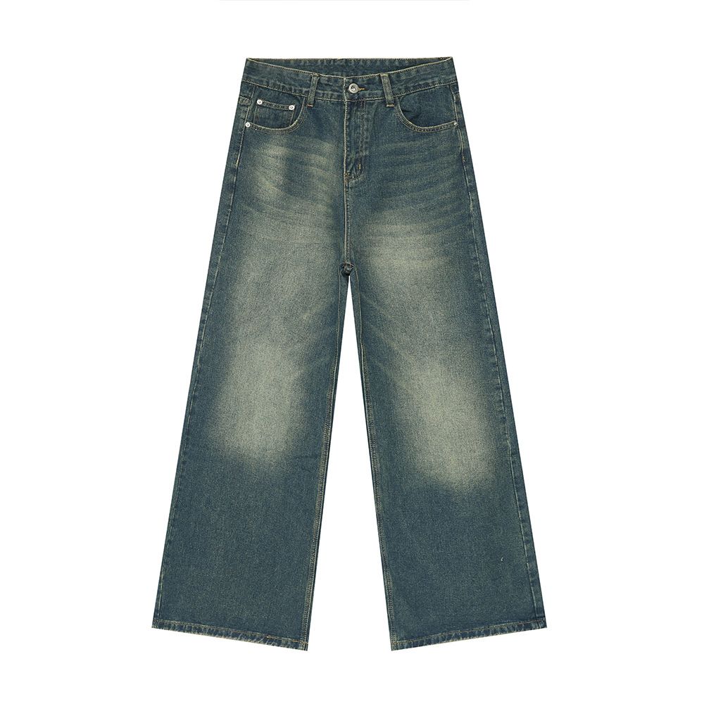 Men's Korean Vintage Blue Jeans – Distressed Washed Wide Leg Denim Pants, Relaxed Fit Straight Trousers With Bleached Details, High Waist Streetwear_mkmklike.com