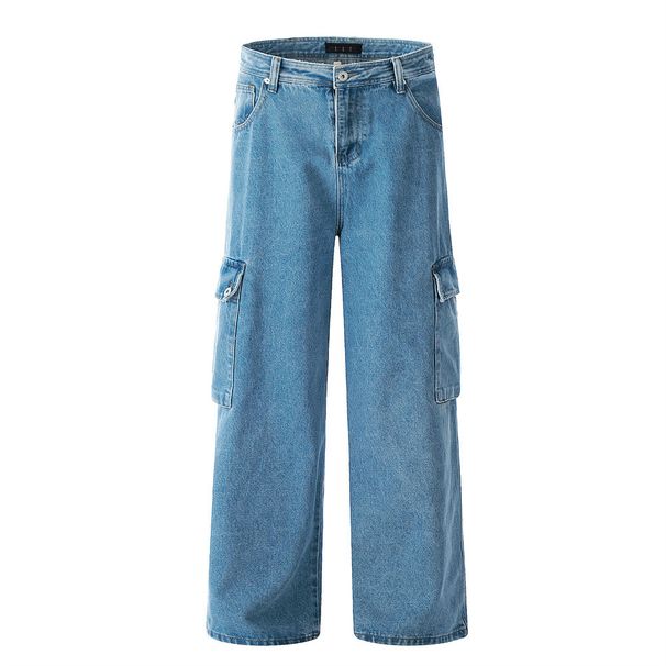 Men's Denim Cargo Loose Wide-Leg Straight Long American High Street Style Large Pocket Design Washed Casual Pants_mkmklike.com