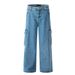 Men's Denim Cargo Loose Wide-Leg Straight Long American High Street Style Large Pocket Design Washed Casual Pants_mkmklike.com
