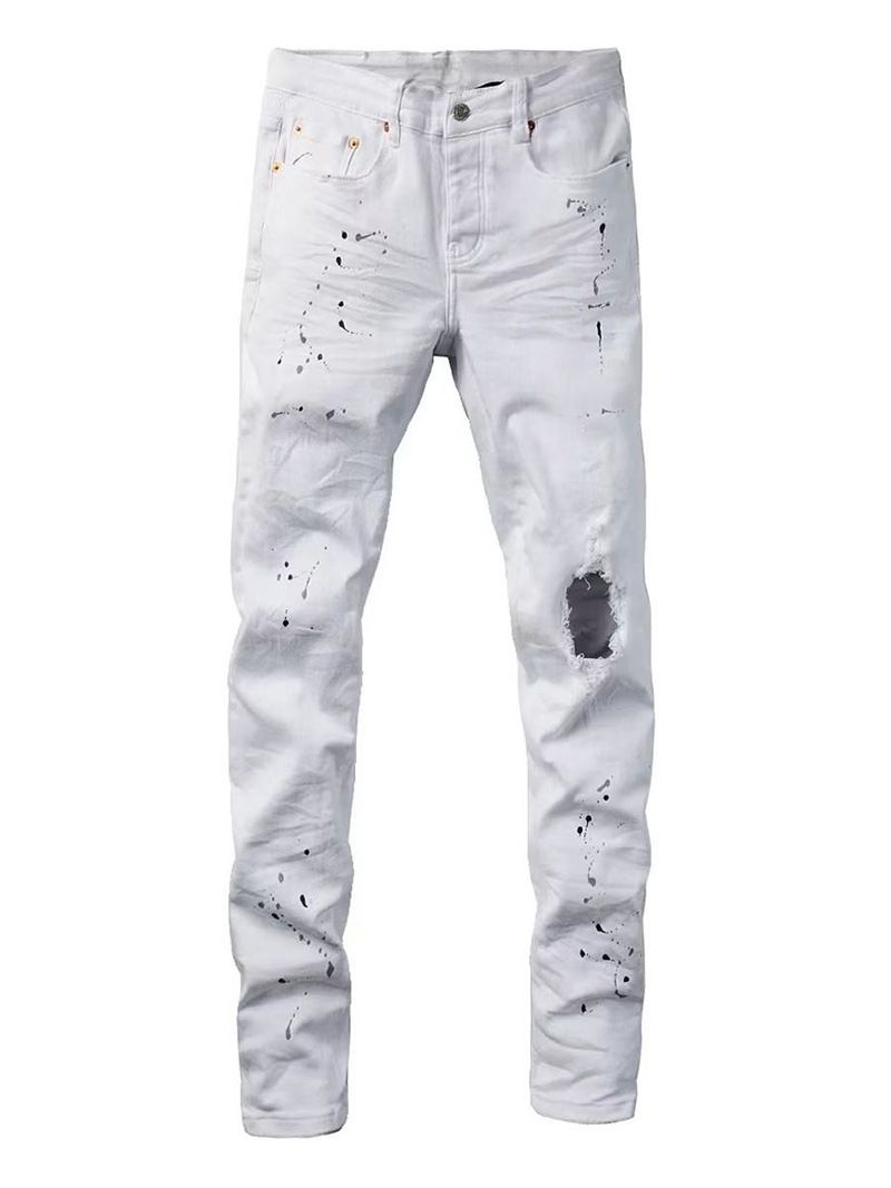 Men's Slim Fit Straight Jeans With Splatter Paint & Patchwork Details - Stretch Denim Pants For Casual Streetwear_mkmklike.com