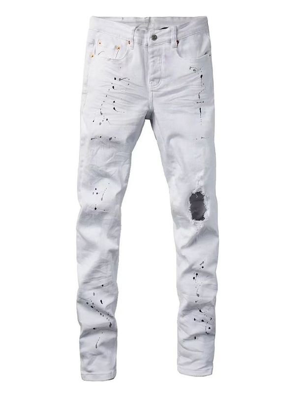 Men's Slim Fit Straight Jeans With Splatter Paint & Patchwork Details - Stretch Denim Pants For Casual Streetwear_mkmklike.com