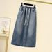 Women's clothing new large size drawstring elastic waist split denim skirt women spring and summer high waist slim a-line mid-length skirt_mkmklike.com
