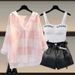 Women's Clothing Summer Outfit Complete Set New Style Sun Protection Shirt Large Size Slim Suspenders Denim Shorts Three Piece Set_mkmklike.com