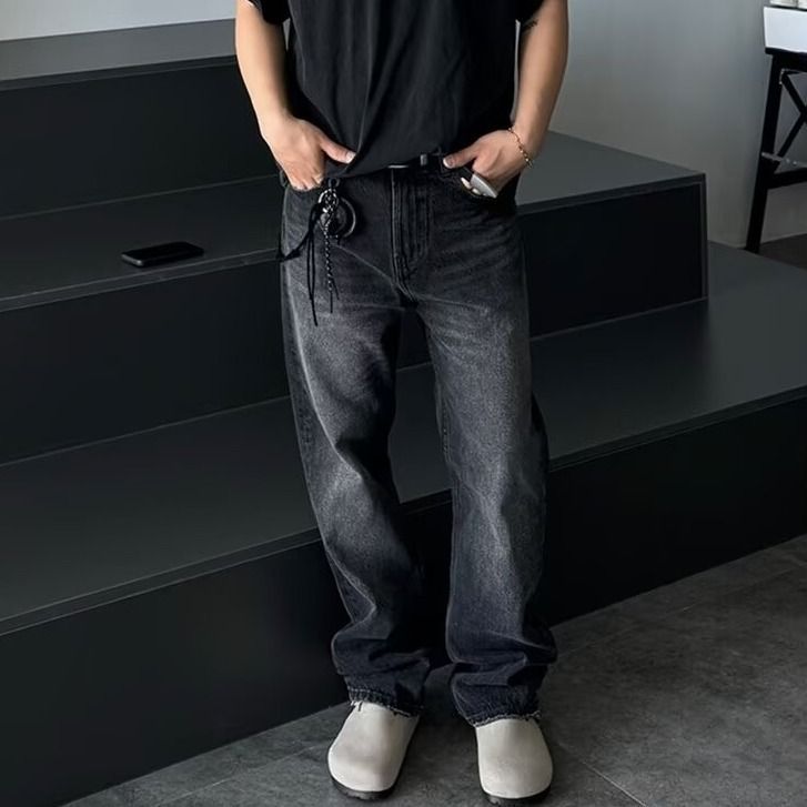 Men's Black Washed Straight Leg Trousers Summer High Street Trendy Distressed Wide Leg Floor Length Loose Fit American Brand_mkmklike.com